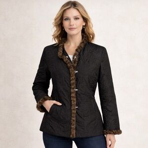 CAbi Quilted Scrolled Jacket Faux Fur Faux Leather Trim Black Coat Small EUC